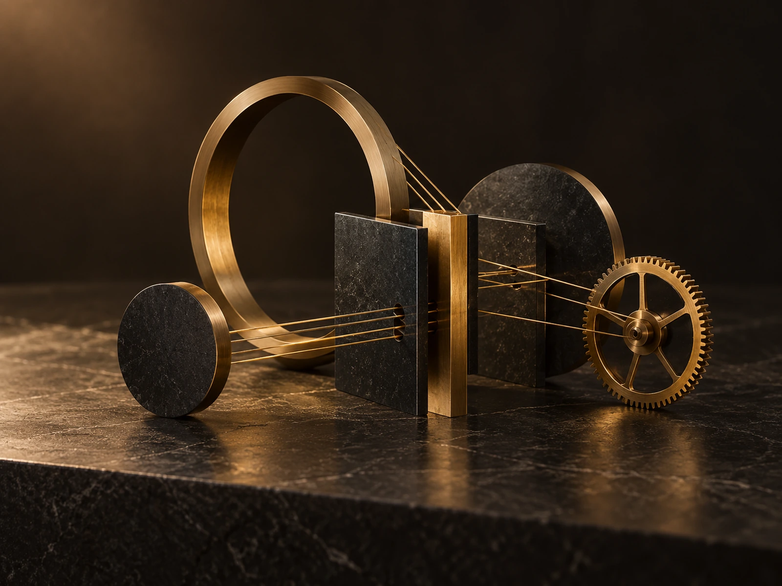 Brass rings, stone slabs and a gear linked by fine gold rods