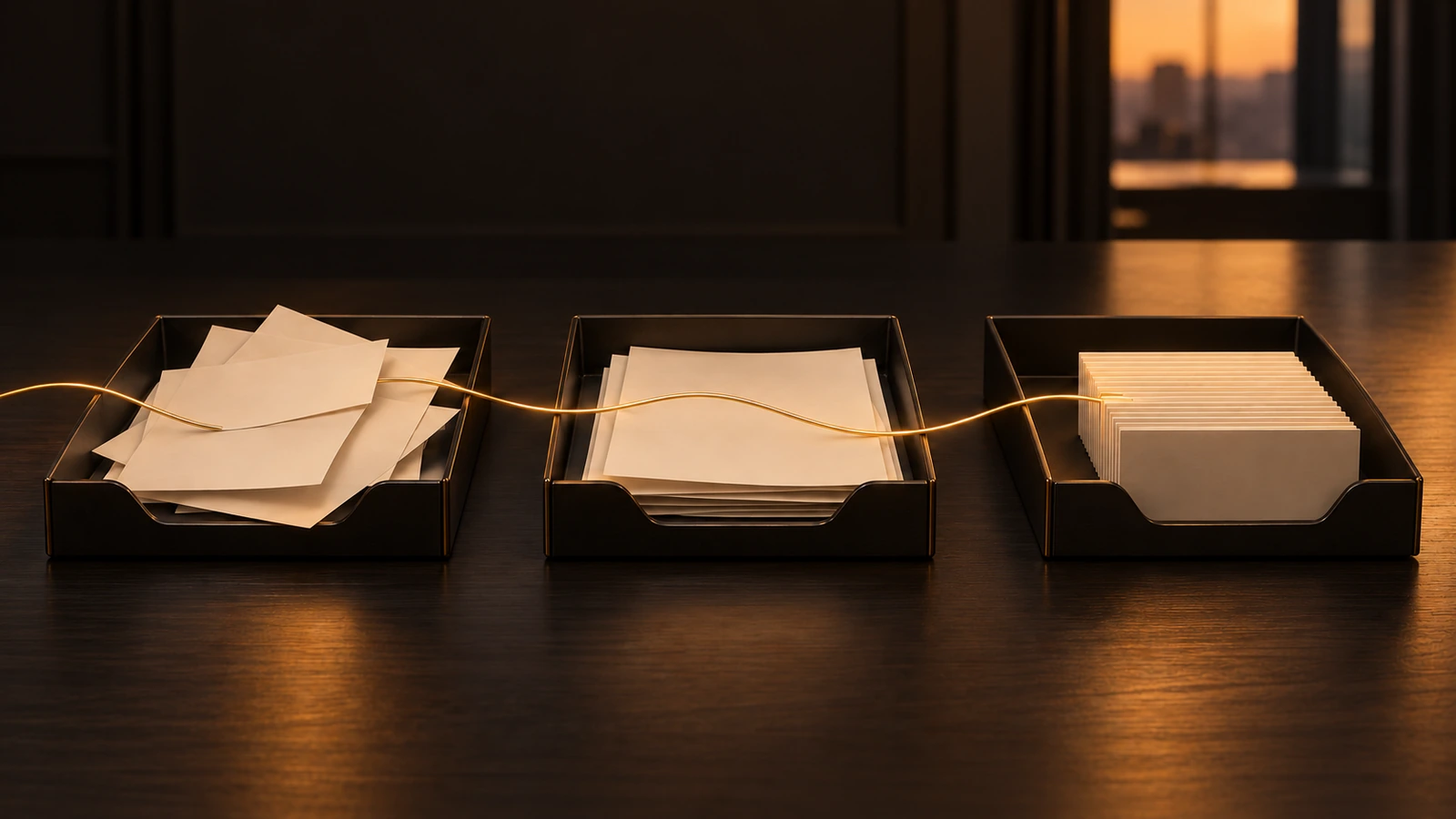 Three desk trays turning loose papers into sorted cards, linked by a gold line