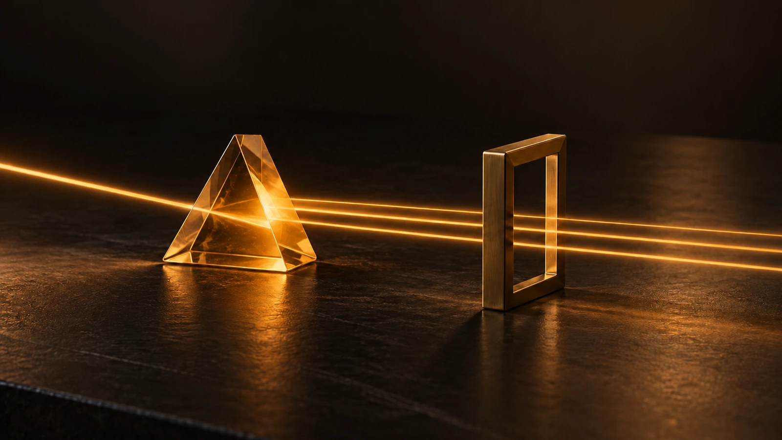 A gold beam split by a prism, passing through a brass frame