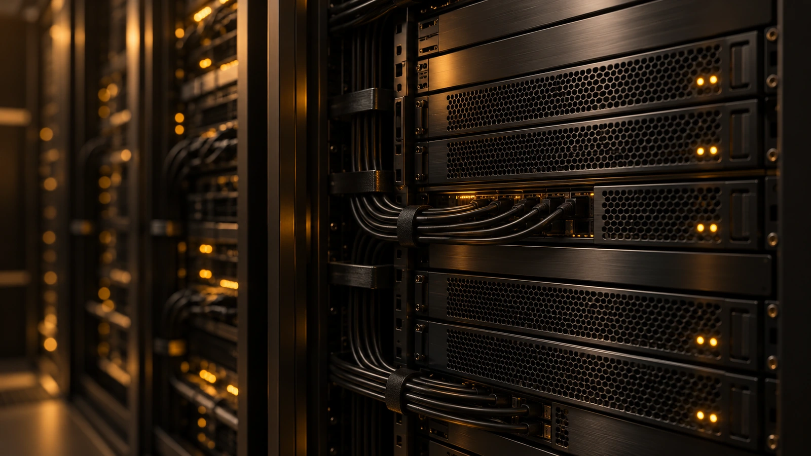 A tidy server rack with neatly strapped cables and amber status lights